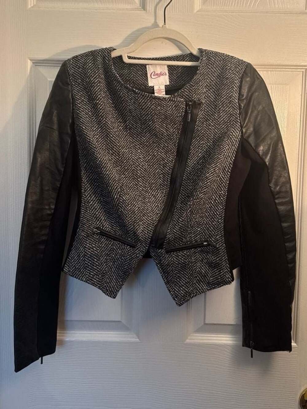 Candie's Junior's Herringbone Tweed Asymmetrical Jacket with Vegan Leather Sleev